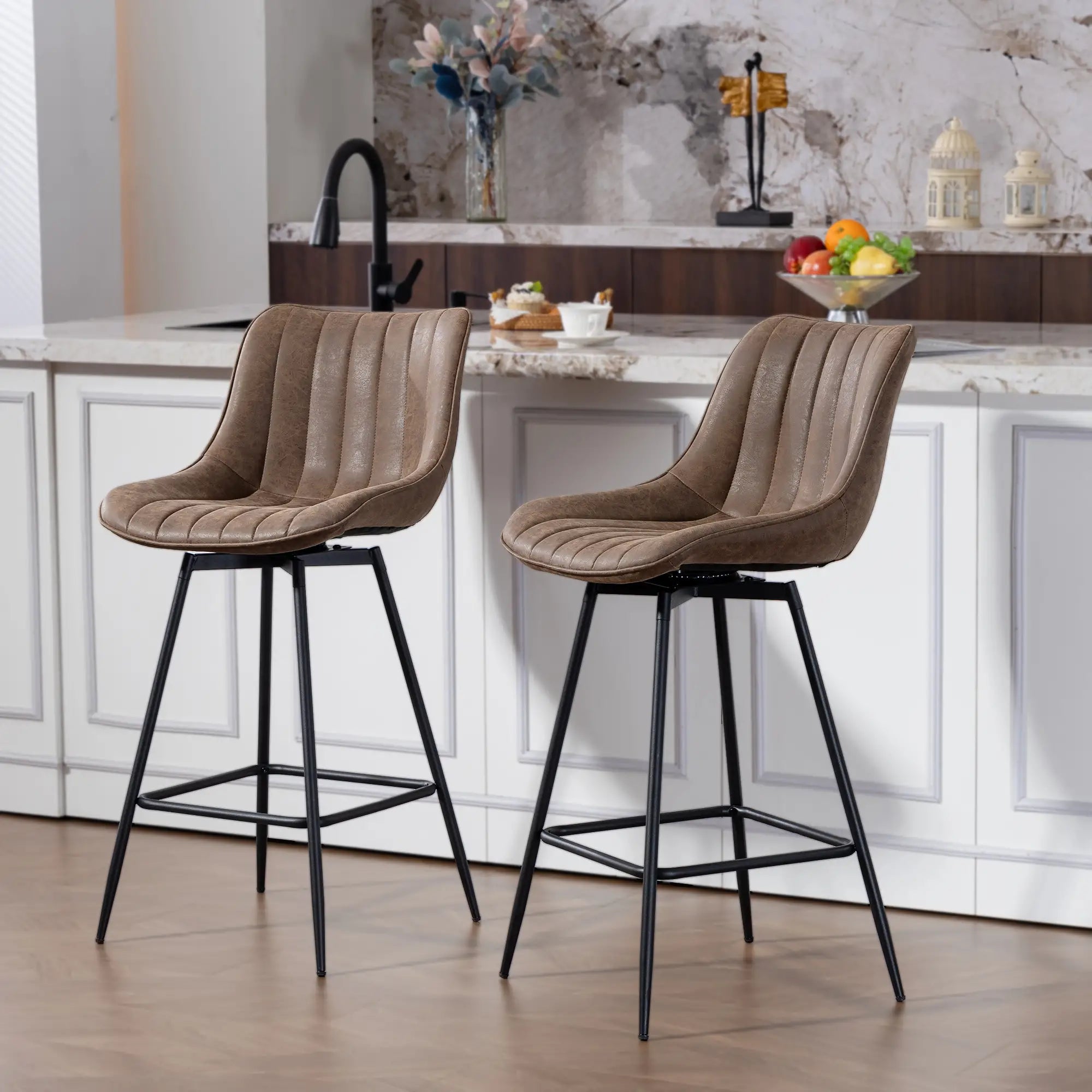 Set of 2 Counter Height Barstools, PU Leather, Brown Bar Stools at Gallery Canada