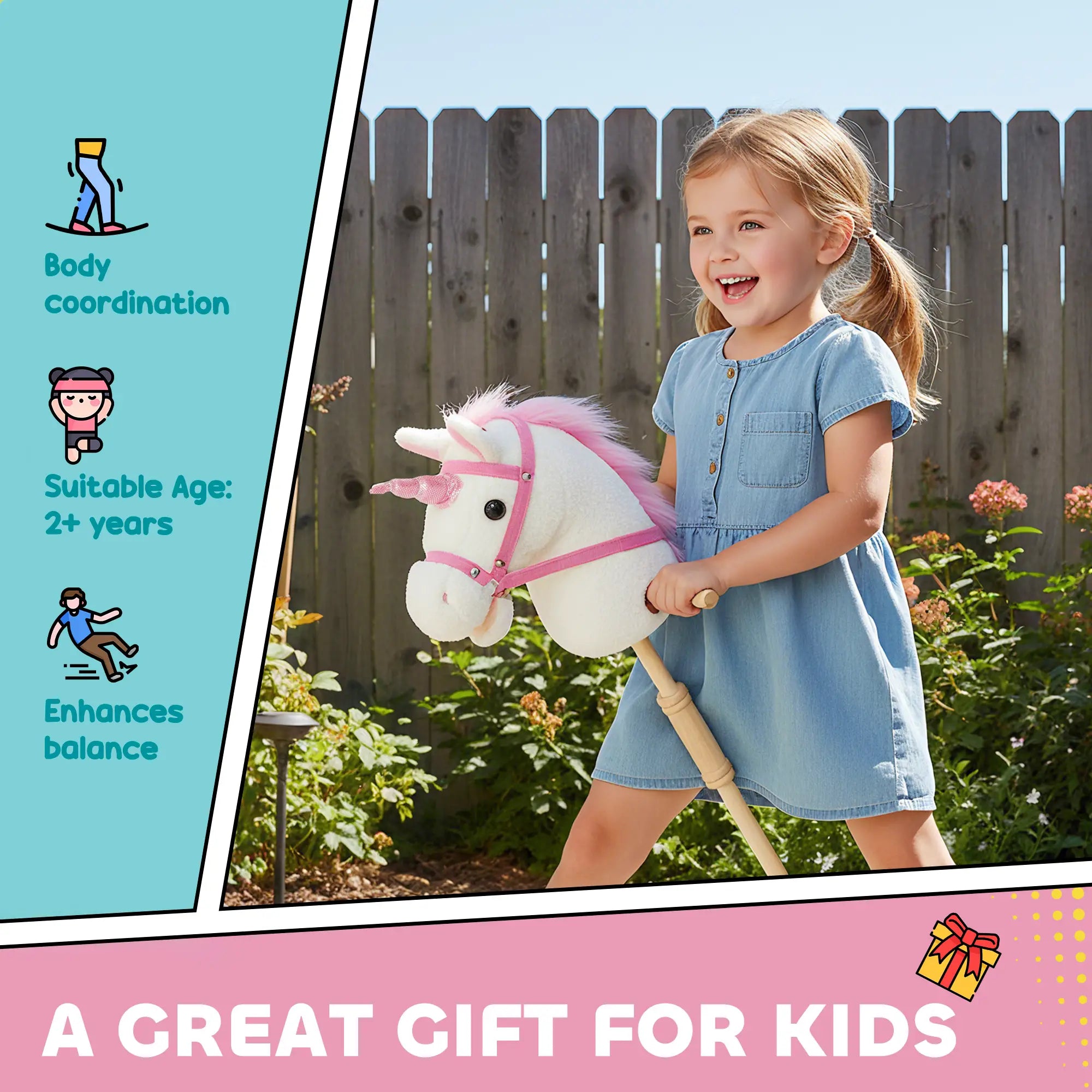 Unicorn Stick Horse, Plush with Wood Wheels, Neighing Sounds, White Rocking Horses at Gallery Canada