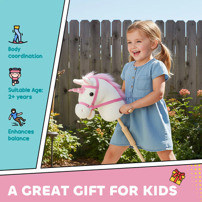 Unicorn Stick Horse, Plush with Wood Wheels, Neighing Sounds, White Rocking Horses at Gallery Canada