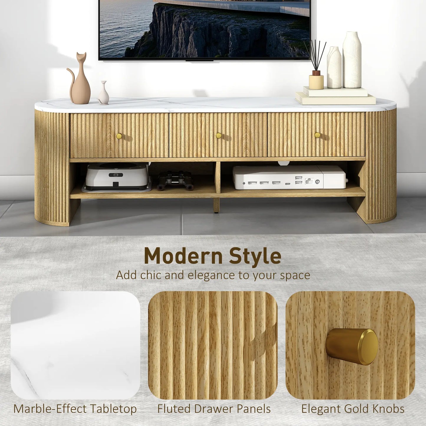 Modern TV Stand, Marble-Effect Top, 3 Drawers, 2 Shelves, 32-65 Inch, Natural TV Stands at Gallery Canada