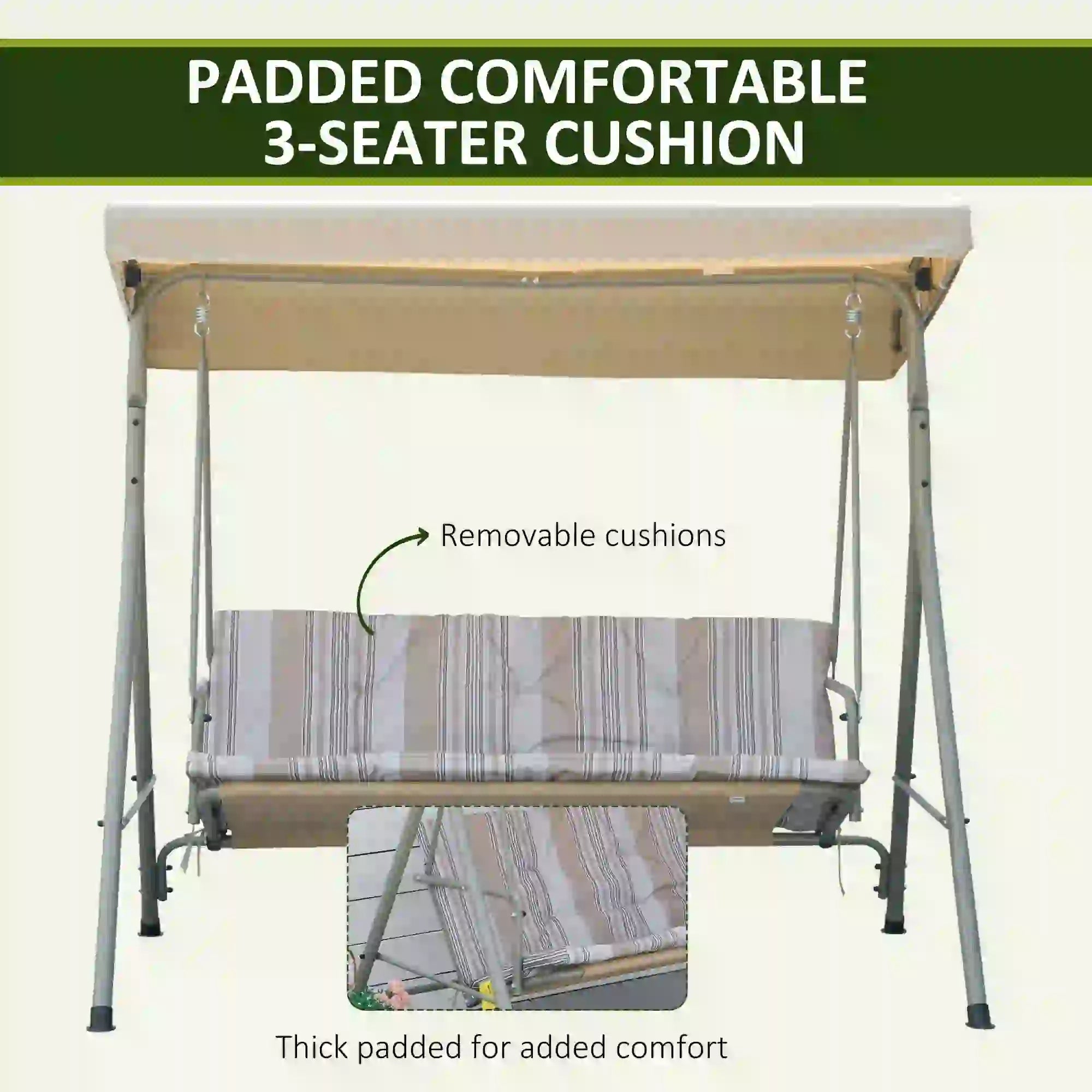 3-Seat Patio Swing Chair, Adjustable Canopy, Light Brown Patio Swings with Stand at Gallery Canada