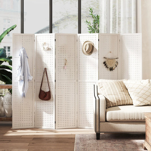5.6 Ft. 6-Panel Room Divider, Pegboard Privacy Screen, White