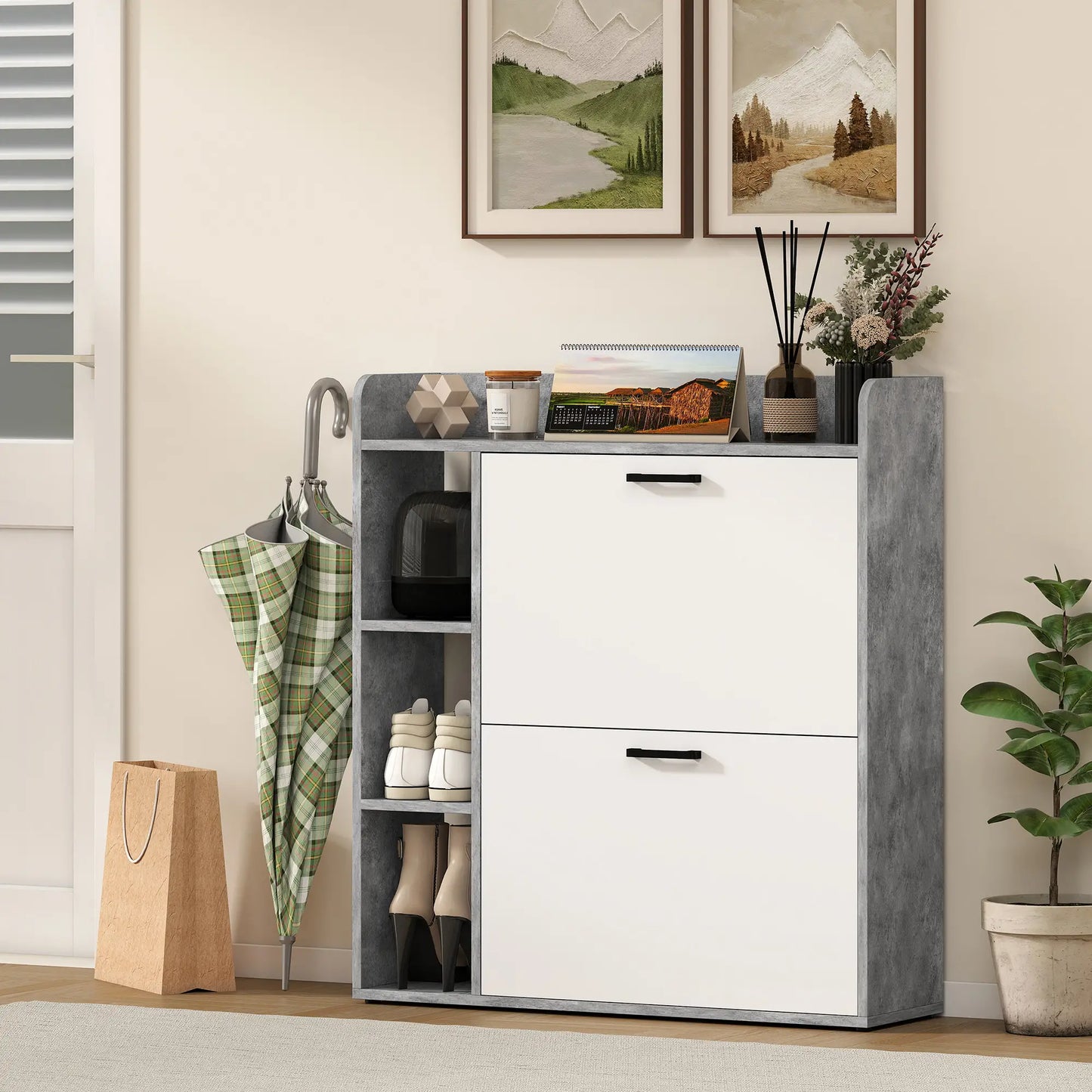 Shoe Cabinet with 2 Flip Drawers, 3 Side Compartments, Adjustable Shelves, 8-12 Pairs for Entryway Hallway, Grey Shoe Storage Cabinets & Racks at Gallery Canada