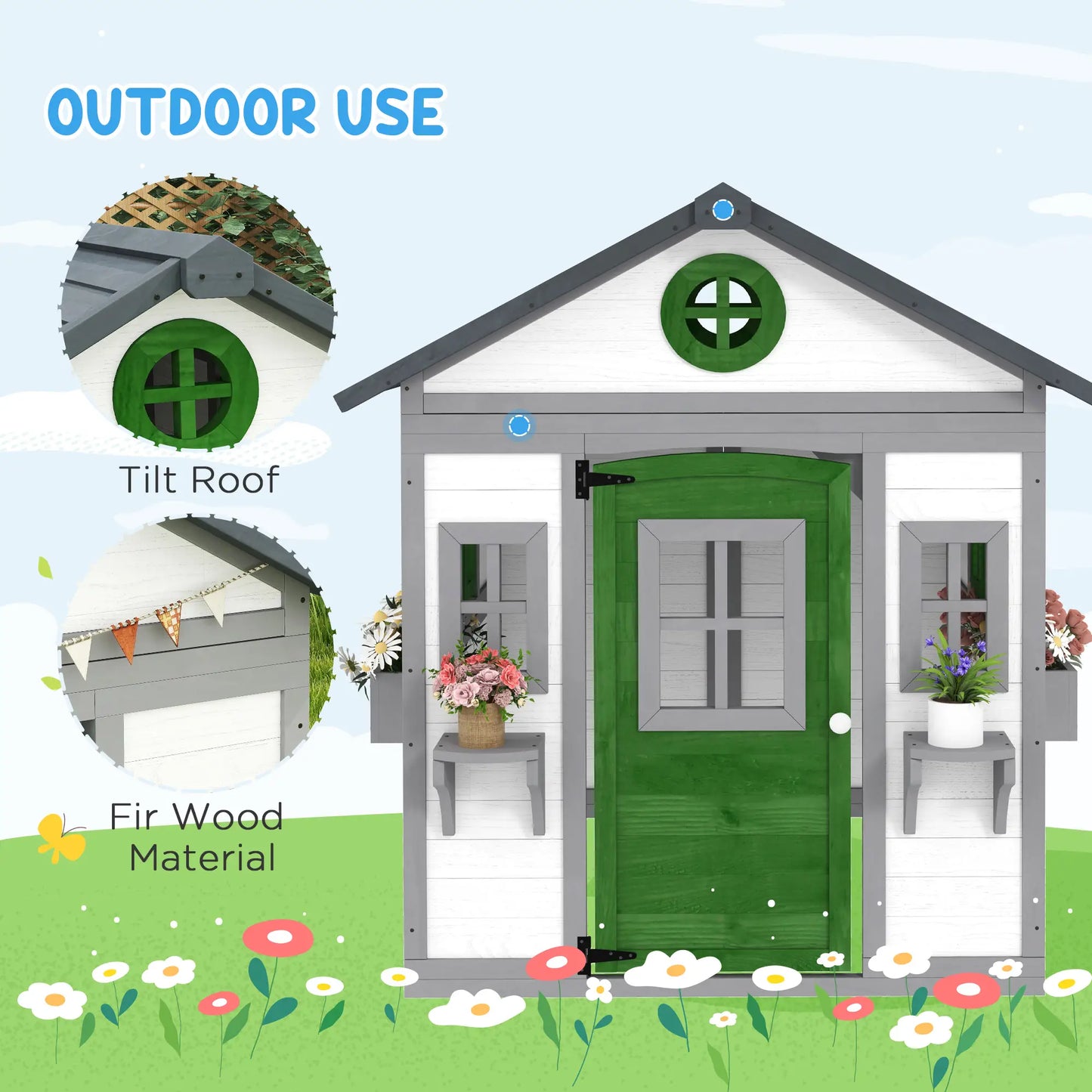 Wooden Playhouse With Door, Windows, Planter Pots, Boxes, White Play Houses at Gallery Canada