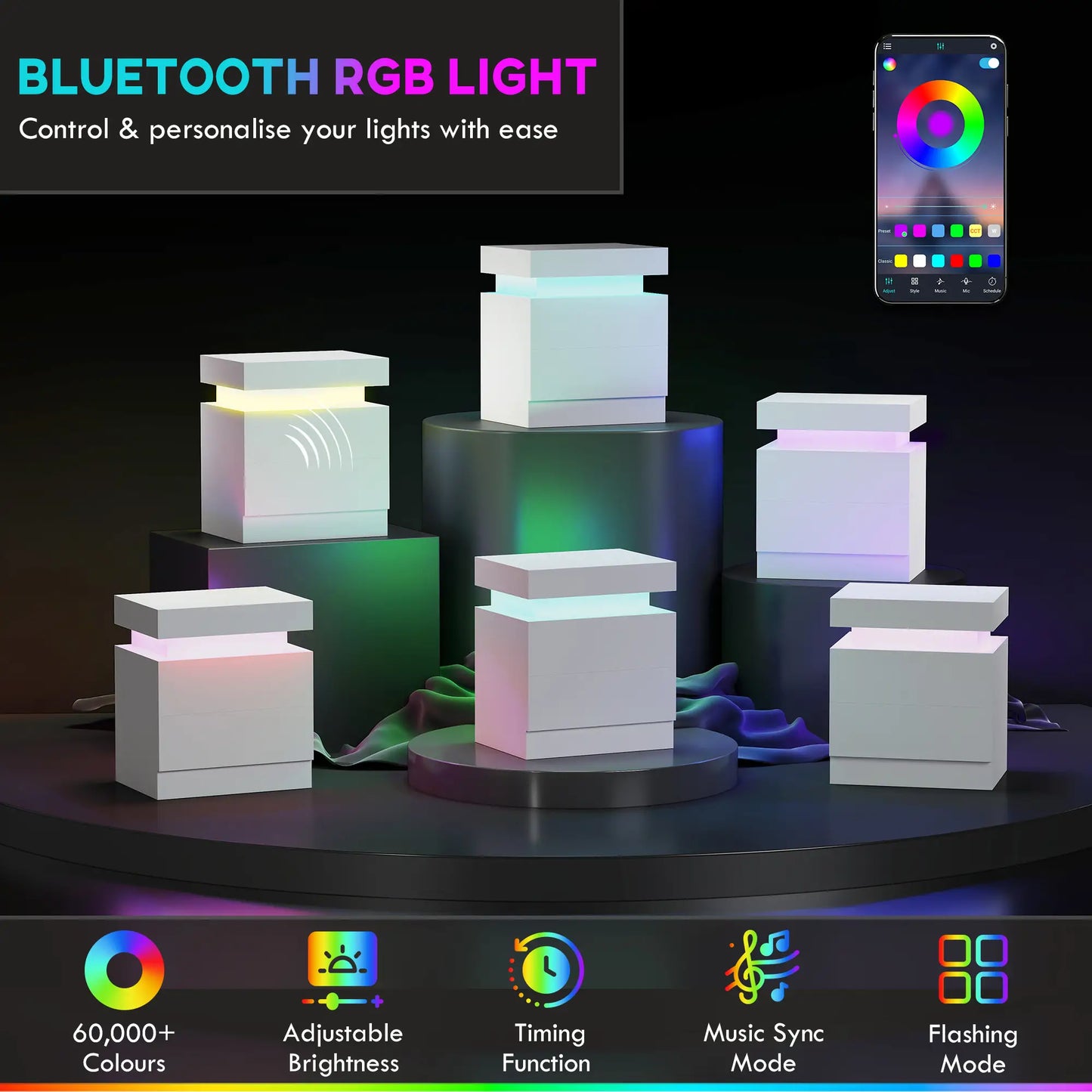 Nightstand with LED Lights, 2 Drawers, White Bedside Tables at Gallery Canada