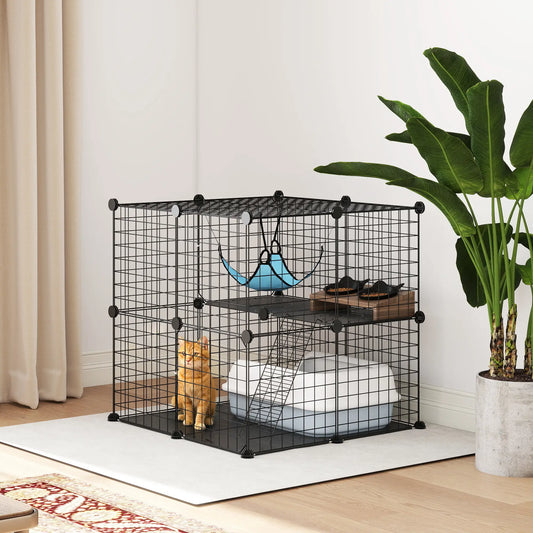 2 Tier Cat Cage, DIY Pet Playpen With 2 Doors, Ladder, Hammock, Perch, Black Outdoor Cat Enclosures Black, Blue at Gallery Canada