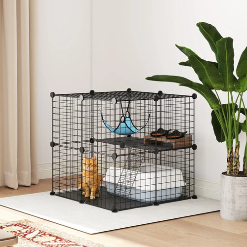 2 Tier Cat Cage, DIY Pet Playpen With 2 Doors, Ladder, Hammock, Perch, Black