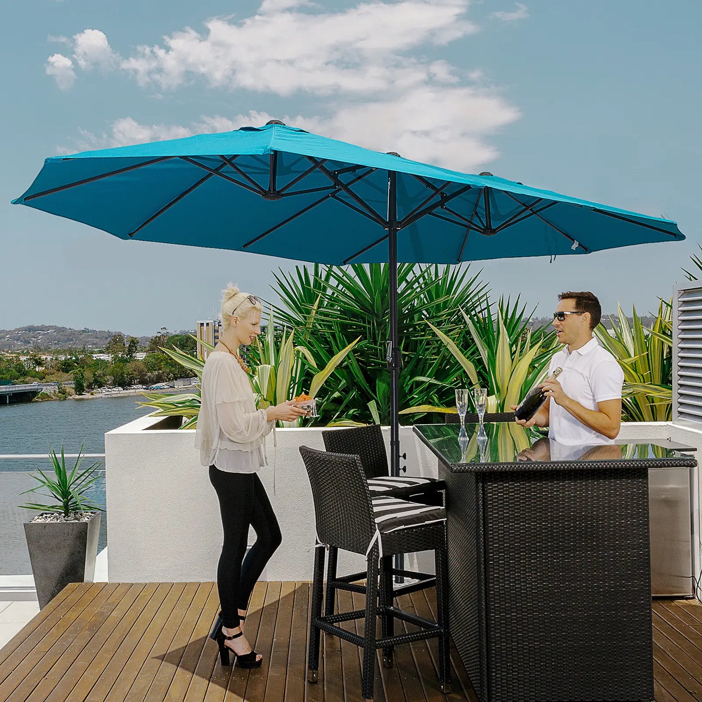 15ft Double-Sided Patio Umbrella, Twin Canopy, Crank, Sky Blue Sun Umbrellas at Gallery Canada