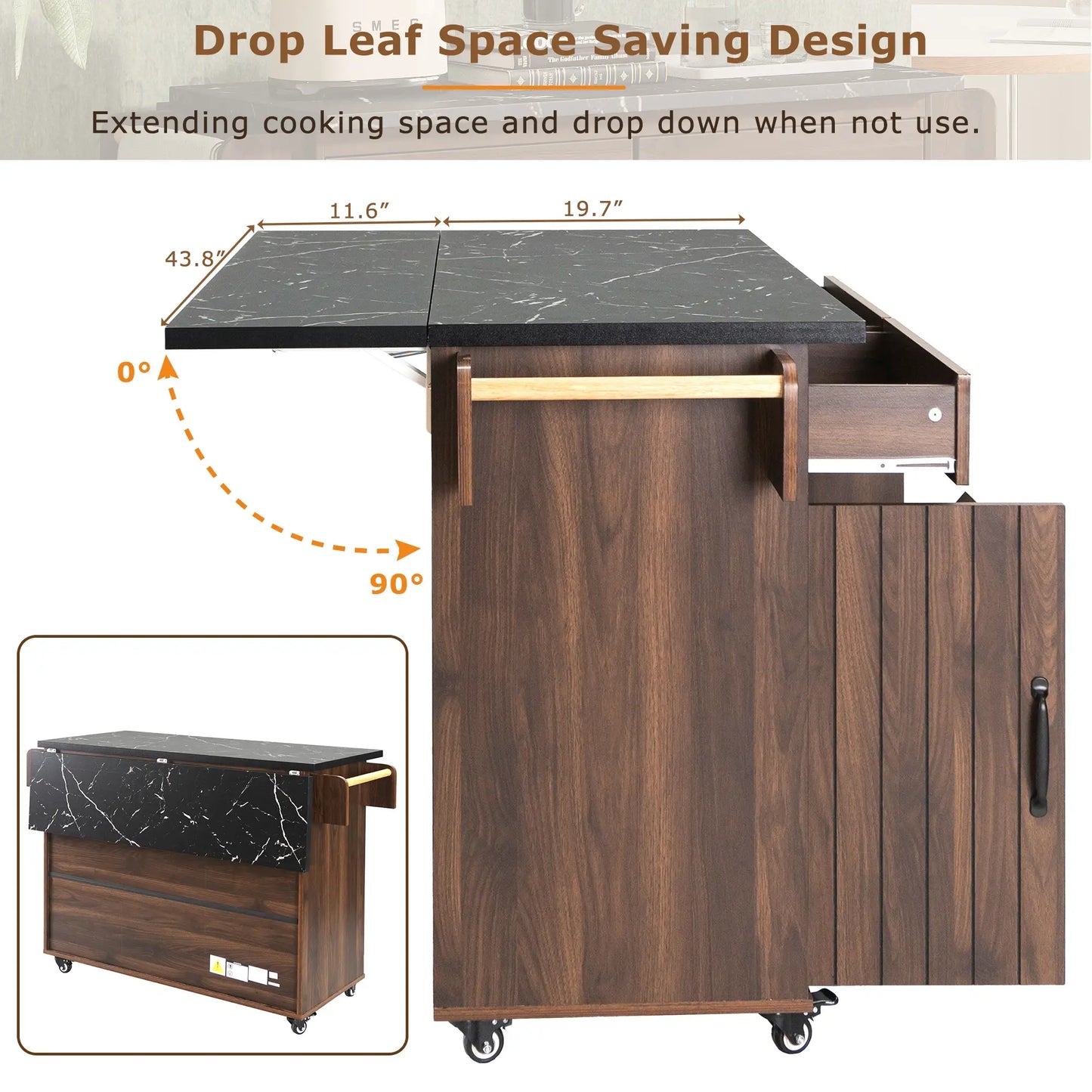 Adjustable Shelf Island, Trash Cabinet, Spice Rack, 51" L x 20" W x 35" H, Walnut Brown Kitchen Islands & Kitchen Carts at Gallery Canada