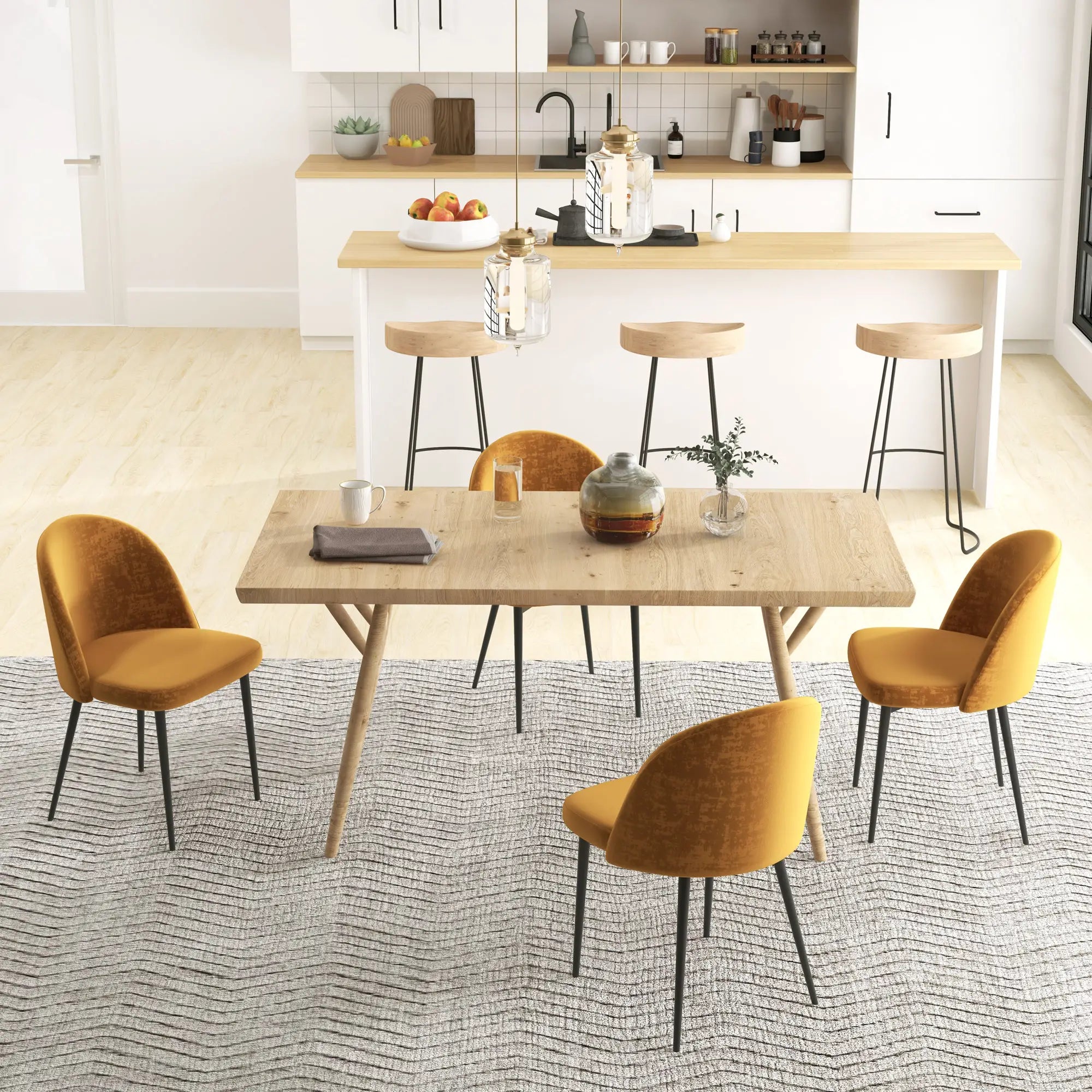 Modern Dining Chairs, Mid-Back Velvet Upholstery, Set of 4, Yellow Dining Chairs at Gallery Canada