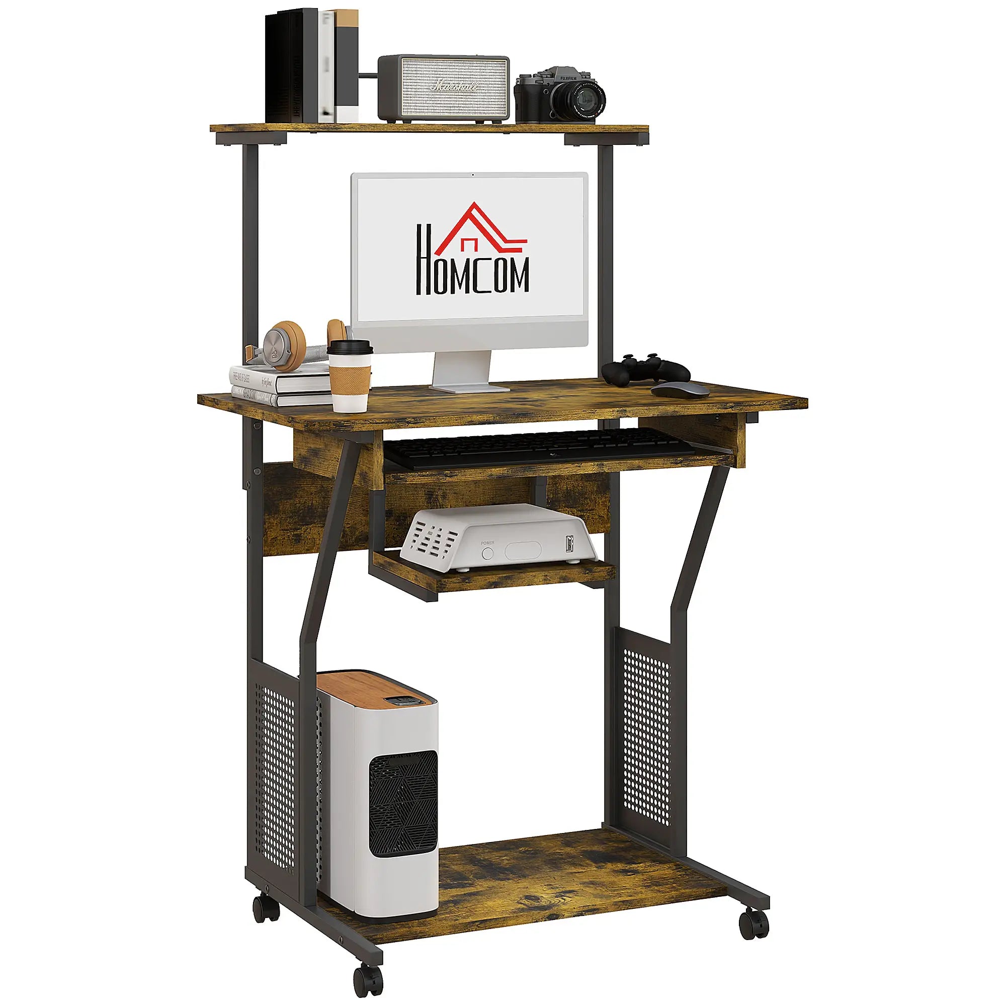 32 Mobile Computer Table, Rolling Study Desk with Keyboard Tray, Rustic Brown Computer Desks at Gallery Canada