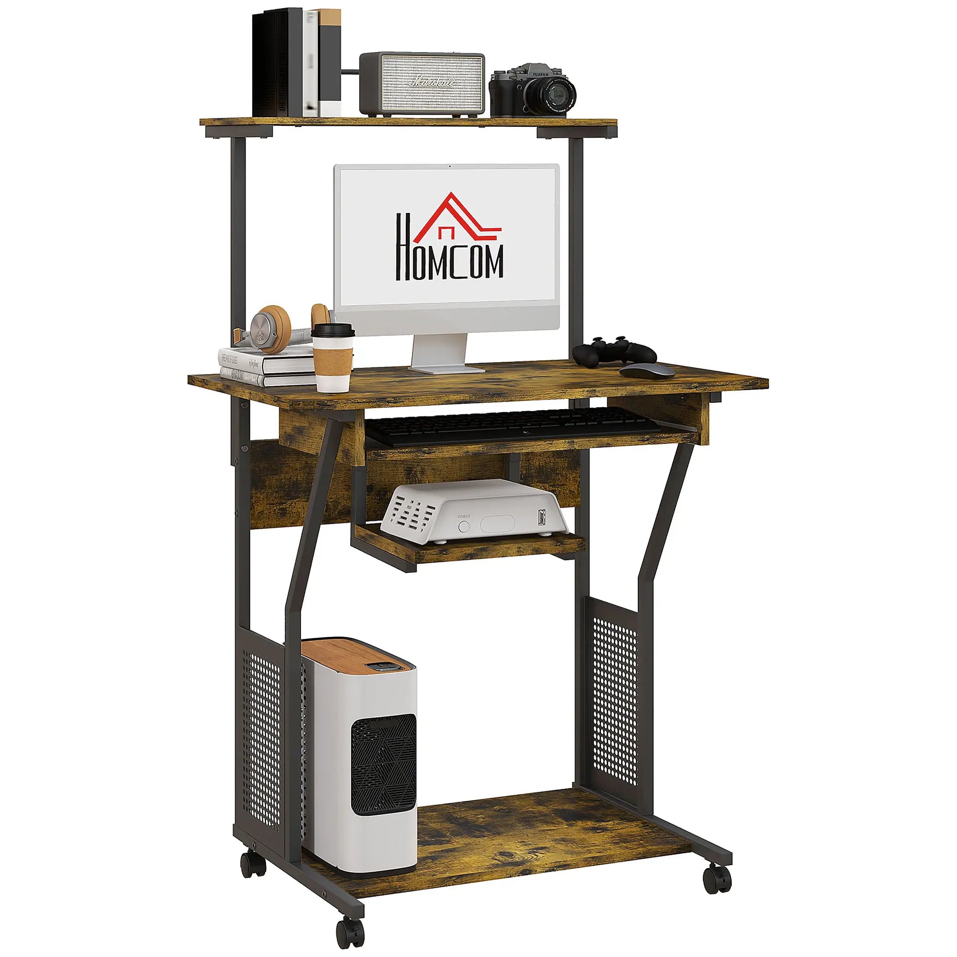 32 Mobile Computer Table, Rolling Study Desk with Keyboard Tray, Rustic Brown Computer Desks at Gallery Canada