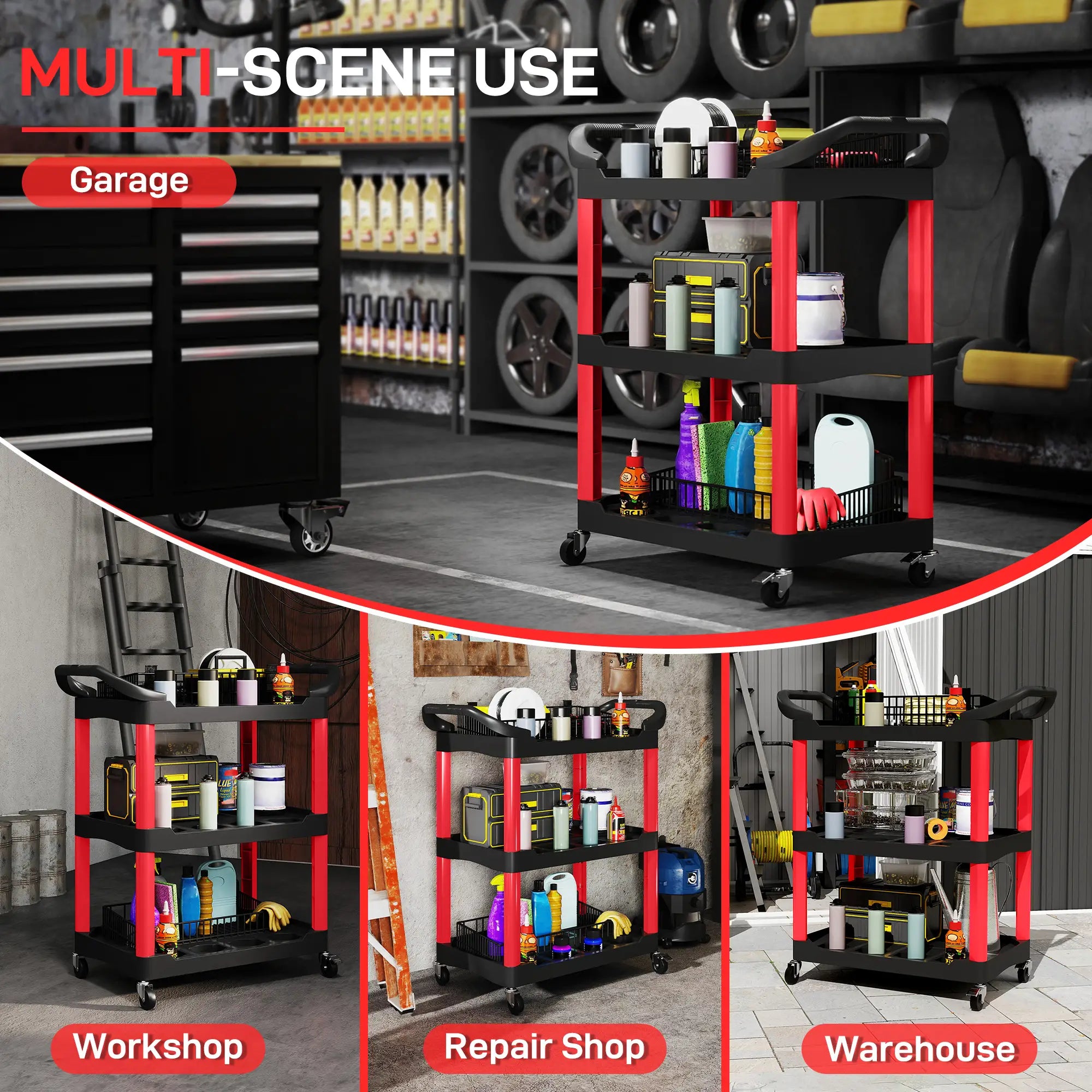 3-Tier Rolling Tool Cart, 200 LBS Capacity, Black & Red Tool Organizers at Gallery Canada