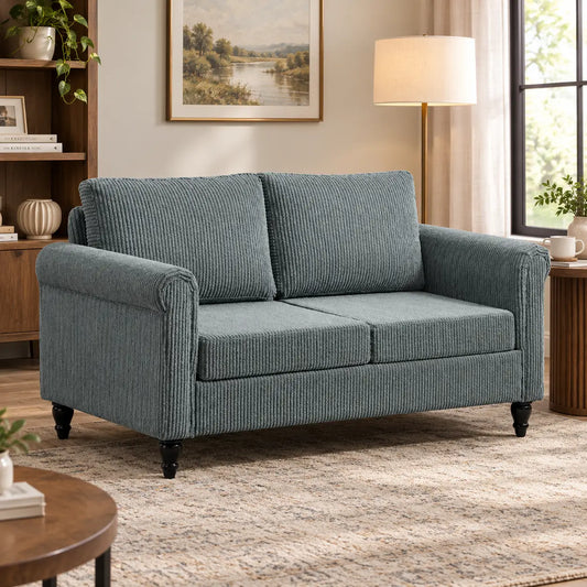 Vintage Loveseat, Fabric 2 Seater Sofa, Rolled Arms, Rubber Wood Legs, Grey 2-Seater Sofas Grey, Black at Gallery Canada