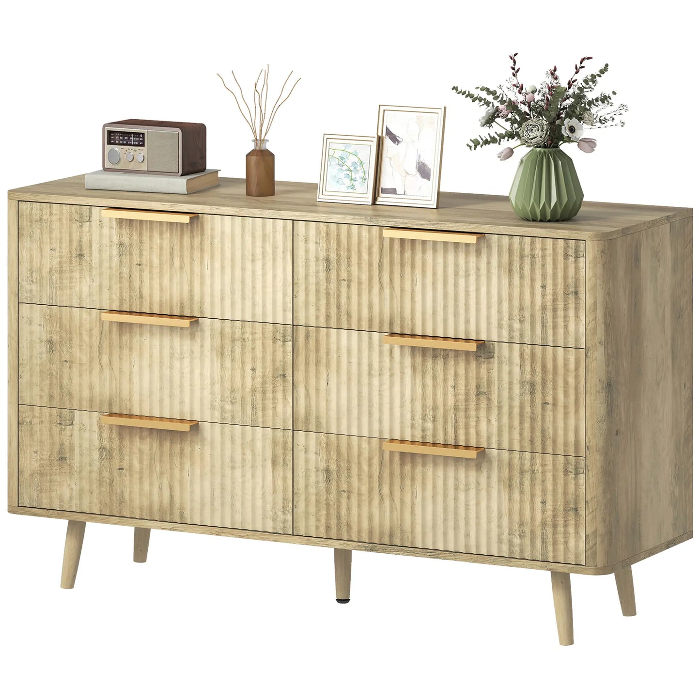 Fluted Chest of Drawers, 6 Drawer Dresser with Pine Wood Legs, Oak Storage Cabinets Oak at Gallery Canada