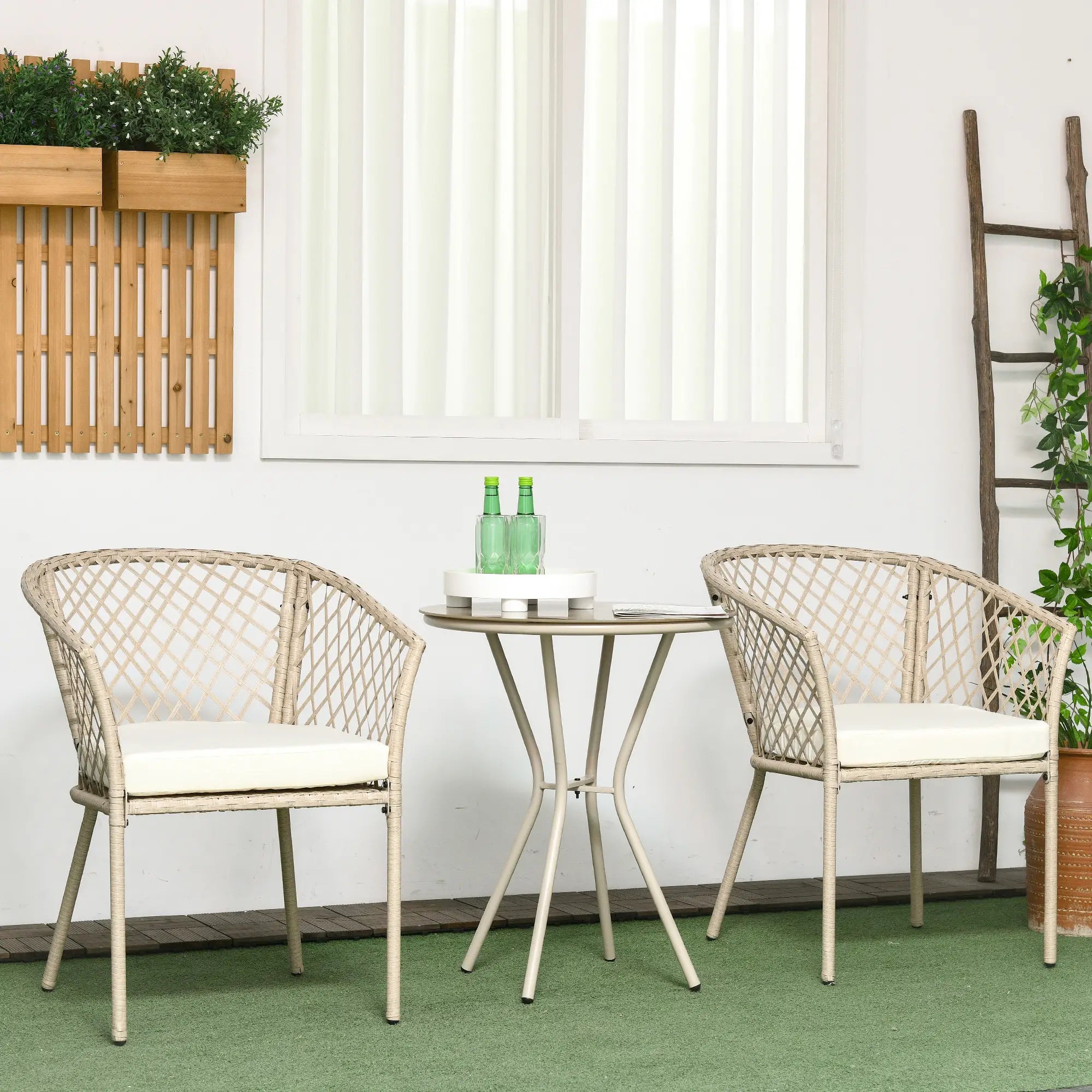 3-Piece PE Rattan Bistro Set, Seat Cushions, Glass Table, Beige Bistro Sets at Gallery Canada