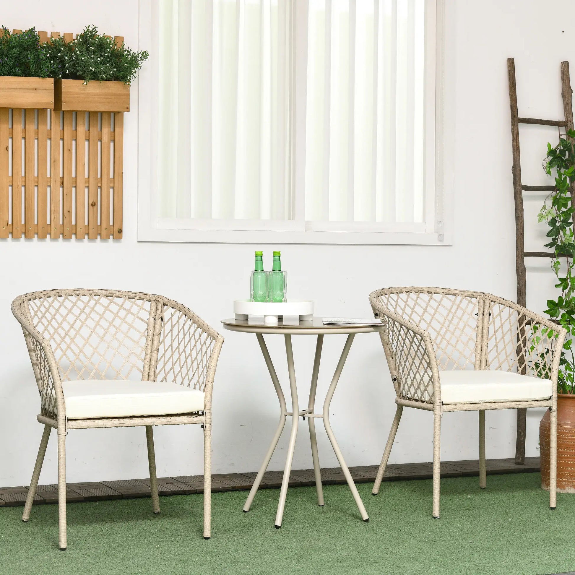 3-Piece PE Rattan Bistro Set, Seat Cushions, Glass Table, Beige Bistro Sets at Gallery Canada