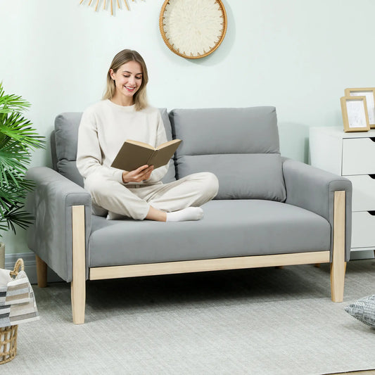 53" Loveseat Sofa, 2 Seater with Wood Legs, Velvet, Grey