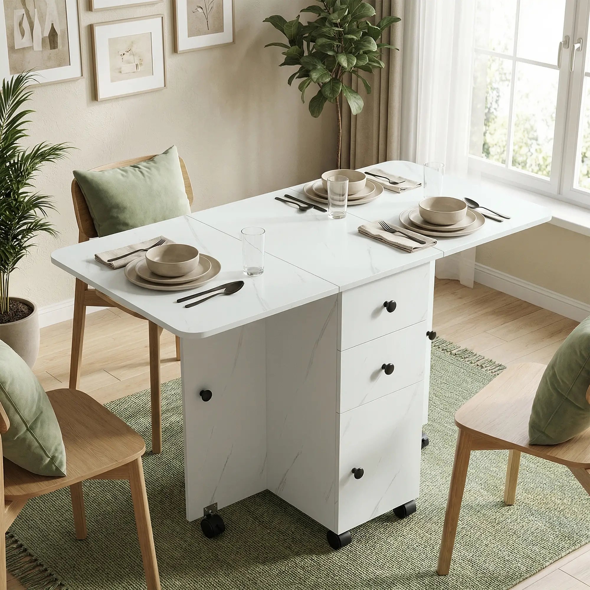 Drop Leaf Dining Table, Mobile Folding Table With Drawers, Marble White, White Dining Tables at Gallery Canada