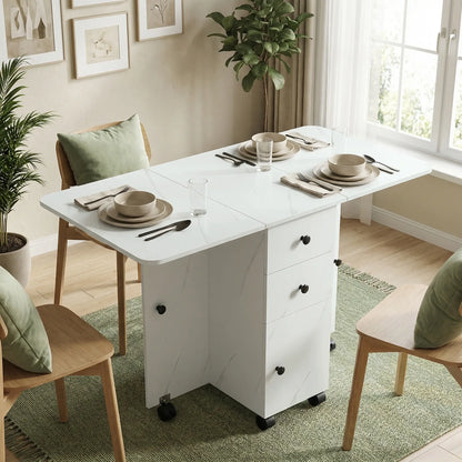 Drop Leaf Dining Table, Mobile Folding Table With Drawers, Marble White, White Dining Tables at Gallery Canada
