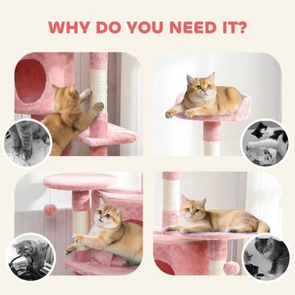 62" Cat Tree With Scratching Post, 2 Condos, Hammock, Pink