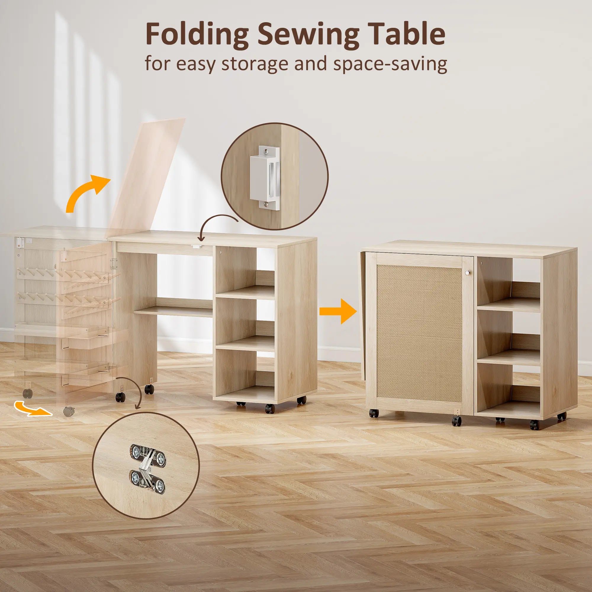 Sewing Machine Table with Drop Leaf, Rattan Door, Storage Shelves, Natural Storage Cabinets at Gallery Canada