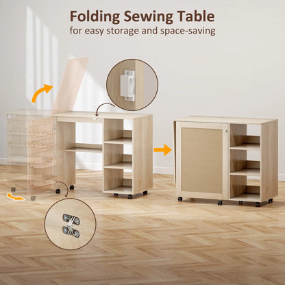 Sewing Machine Table with Drop Leaf, Rattan Door, Storage Shelves, Natural Storage Cabinets at Gallery Canada