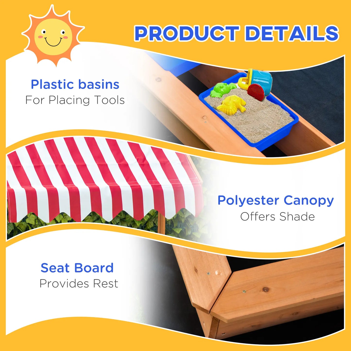Kids Wooden Sandbox, Adjustable Height Cover, Bottom Liner, Seat, Plastic Basins, for 3-7 Years Sandboxes & Accessories at Gallery Canada