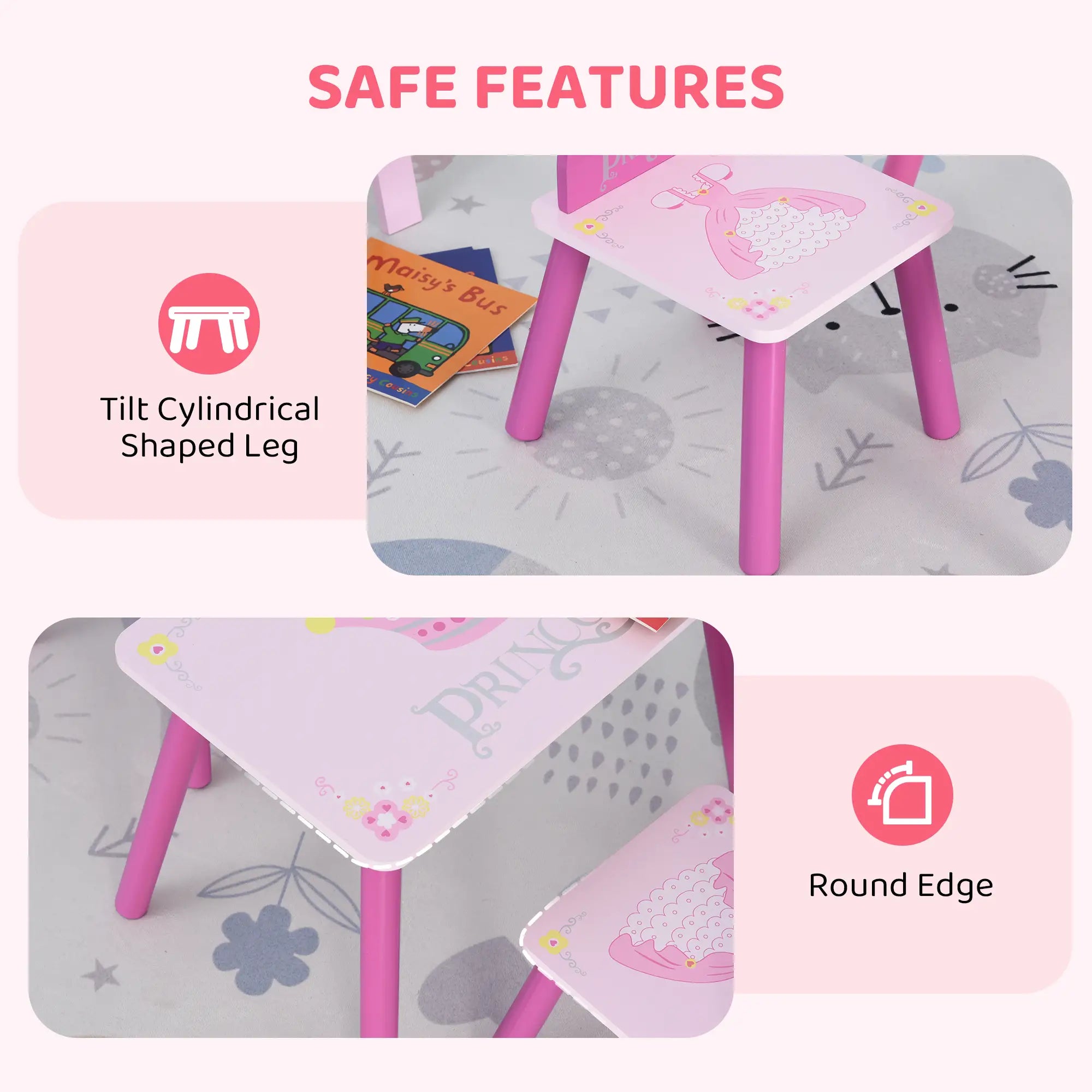 Kids Wooden Table Chair Set, Crown Pattern, Easy Clean, Age 2-4, Pink Kids Table Sets at Gallery Canada
