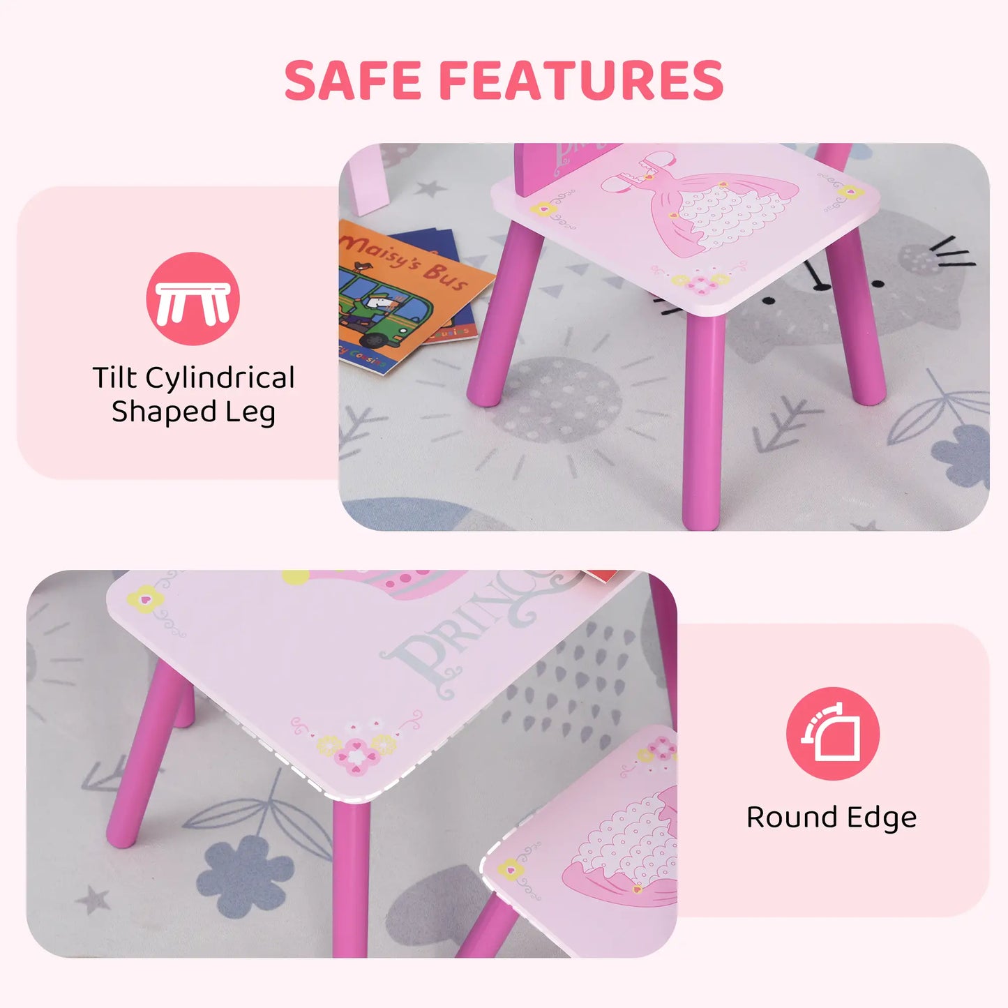 Kids Wooden Table Chair Set, Crown Pattern, Easy Clean, Age 2-4, Pink Kids Table Sets at Gallery Canada