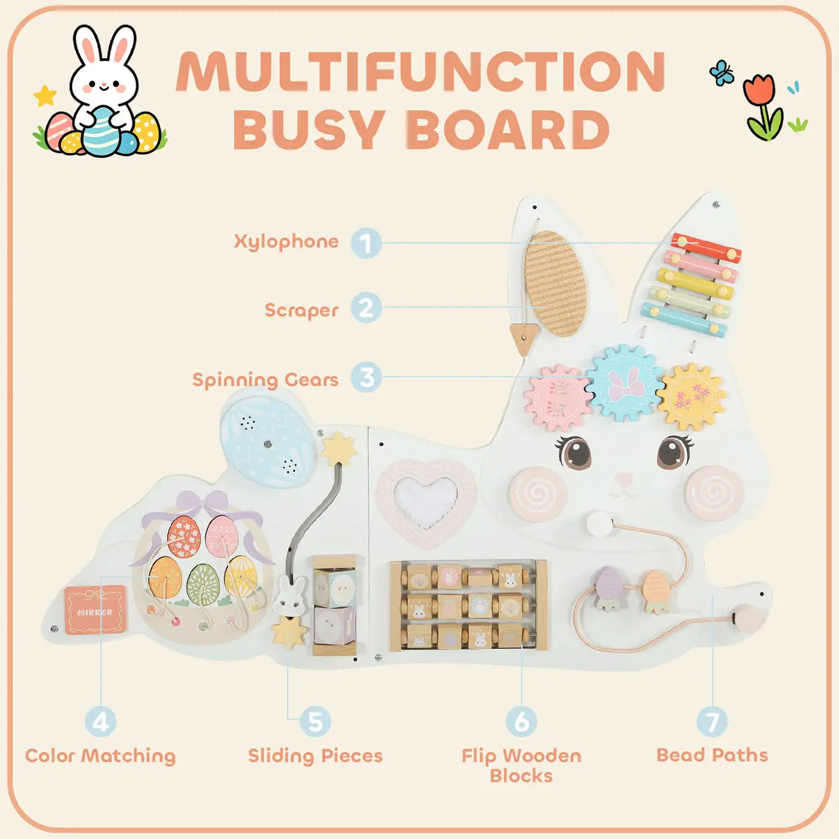 Easter Bunny Busy Board, Wall-Mounted Montessori Toy, White