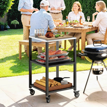 Outdoor Grill Cart, Pizza Oven Stand, 3-Tier Rolling Kitchen Prep Station, Black Outdoor Grill Carts at Gallery Canada