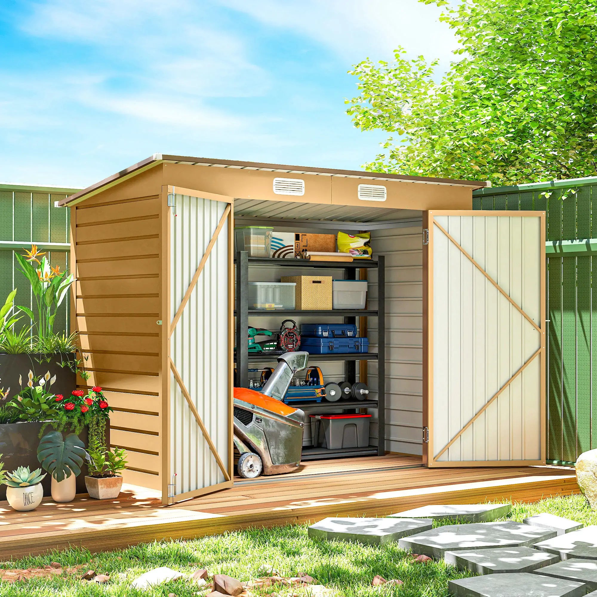 8 x 4FT Galvanized Metal Garden Storage Shed, Double Doors, 2 Vents, Yellow Sheds at Gallery Canada