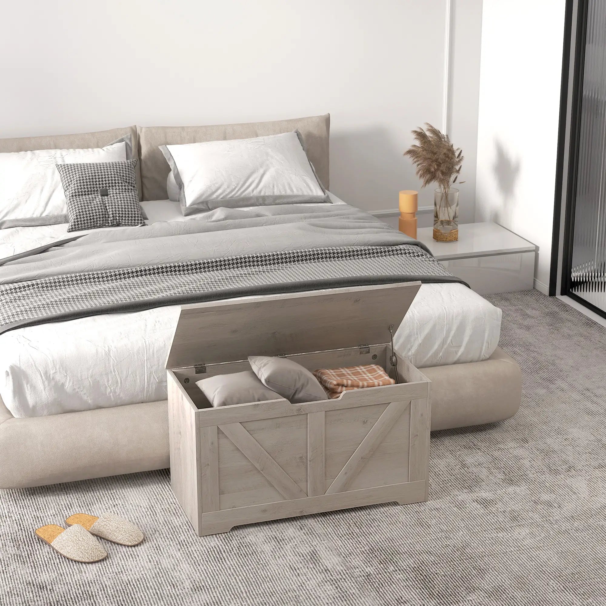 31.5 Inches Storage Chest, Wooden Box, Wood Grain, Grey Storage Cabinets at Gallery Canada