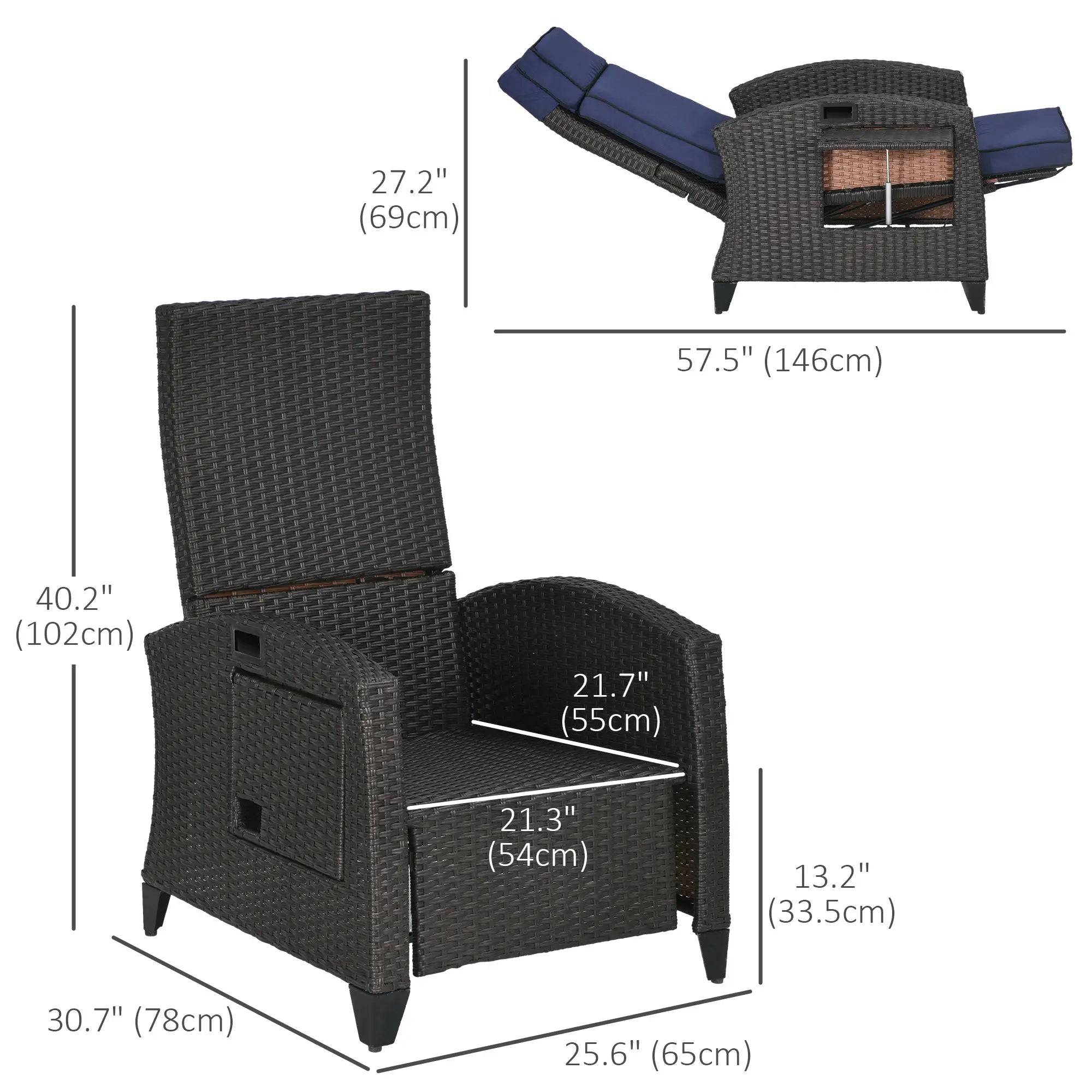 Outdoor Recliner Chair, Adjustable Backrest, Cushion, Side Tray, Blue Chaise Loungers at Gallery Canada
