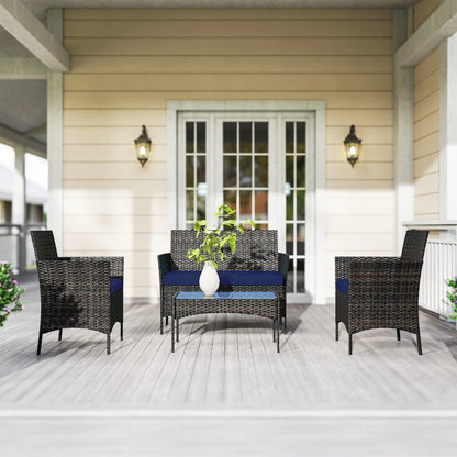 4-Piece Wicker Patio Furniture Set, Glass Coffee Table, Navy Blue Patio Furniture Sets at Gallery Canada
