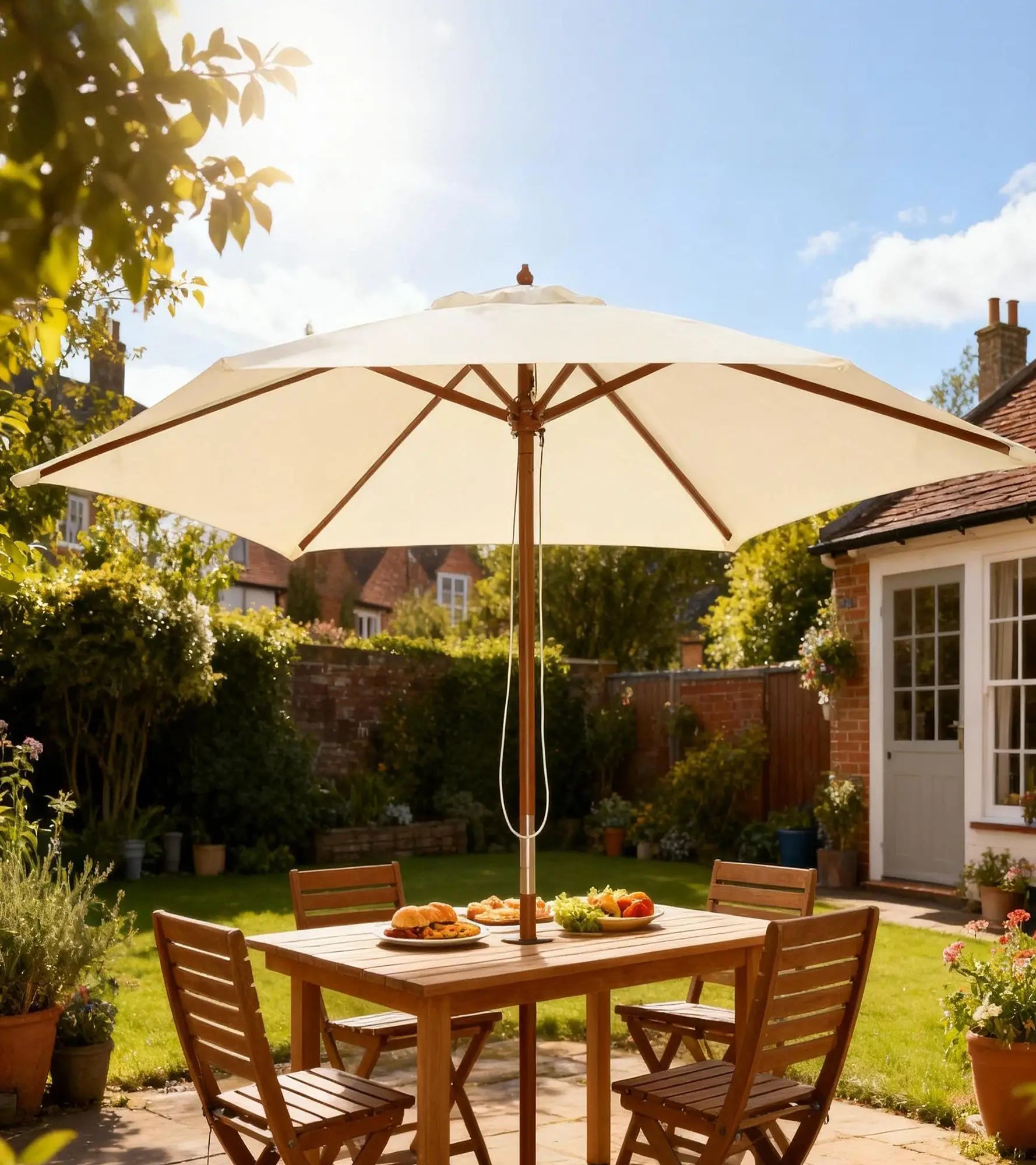 8FT Wood Market Umbrella, Round Garden Parasol, Bamboo Ribs, Cream White Sun Umbrellas at Gallery Canada