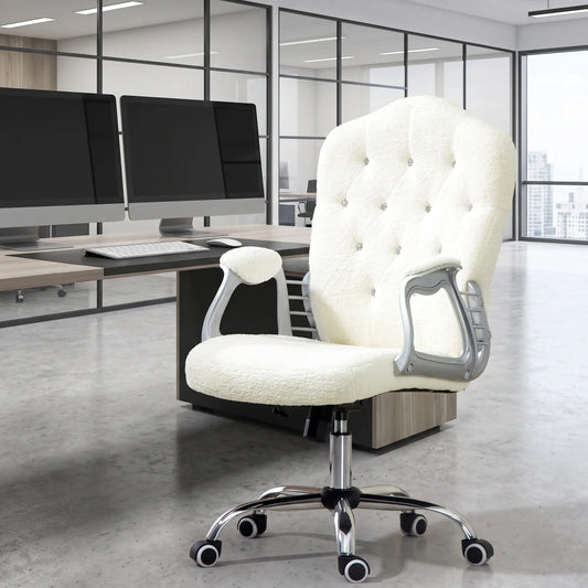 Teddy Fleece Computer Chair, Button Tufted, Swivel Wheels, Adjustable Height, White Executive & Manager Chairs White at Gallery Canada