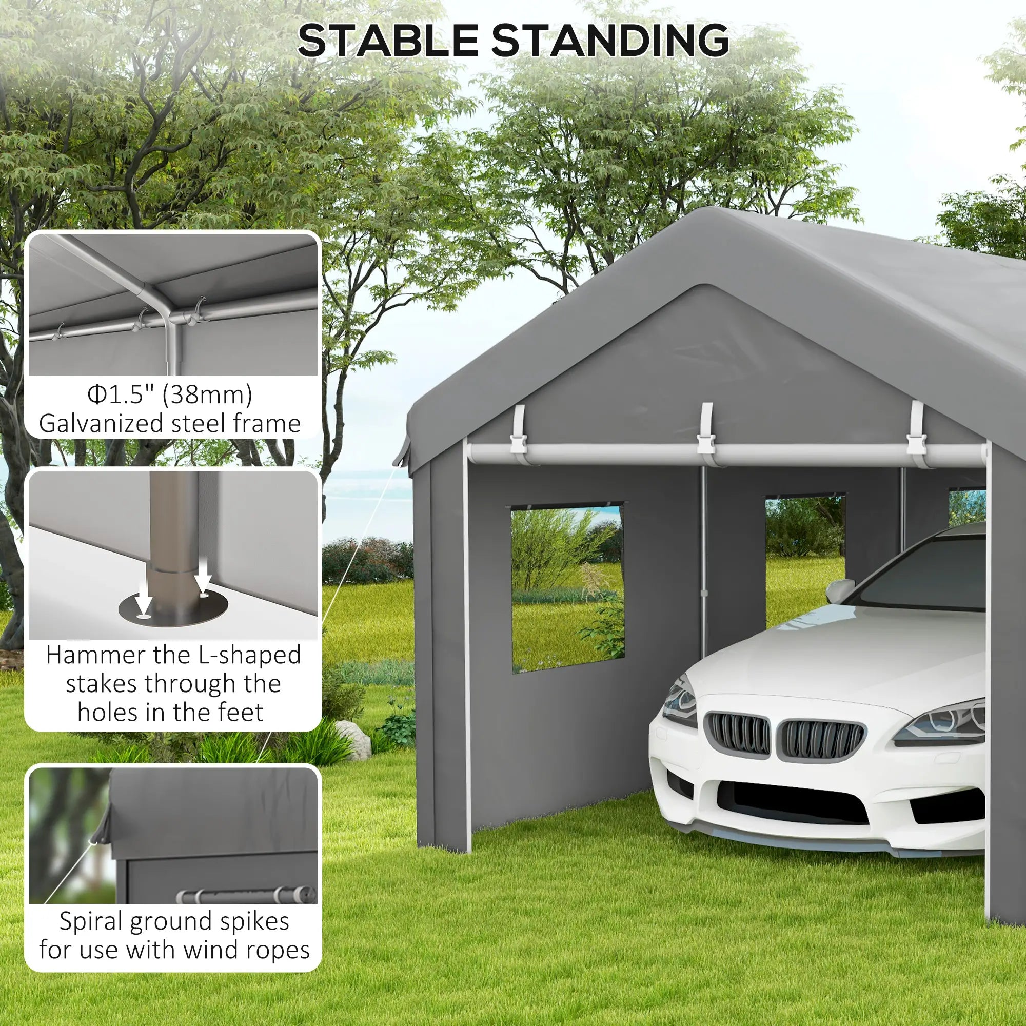 10' x 20' Heavy Duty Carport, Portable Garage, 6 Mesh Windows, 2 Doors, Grey Car Shelters at Gallery Canada