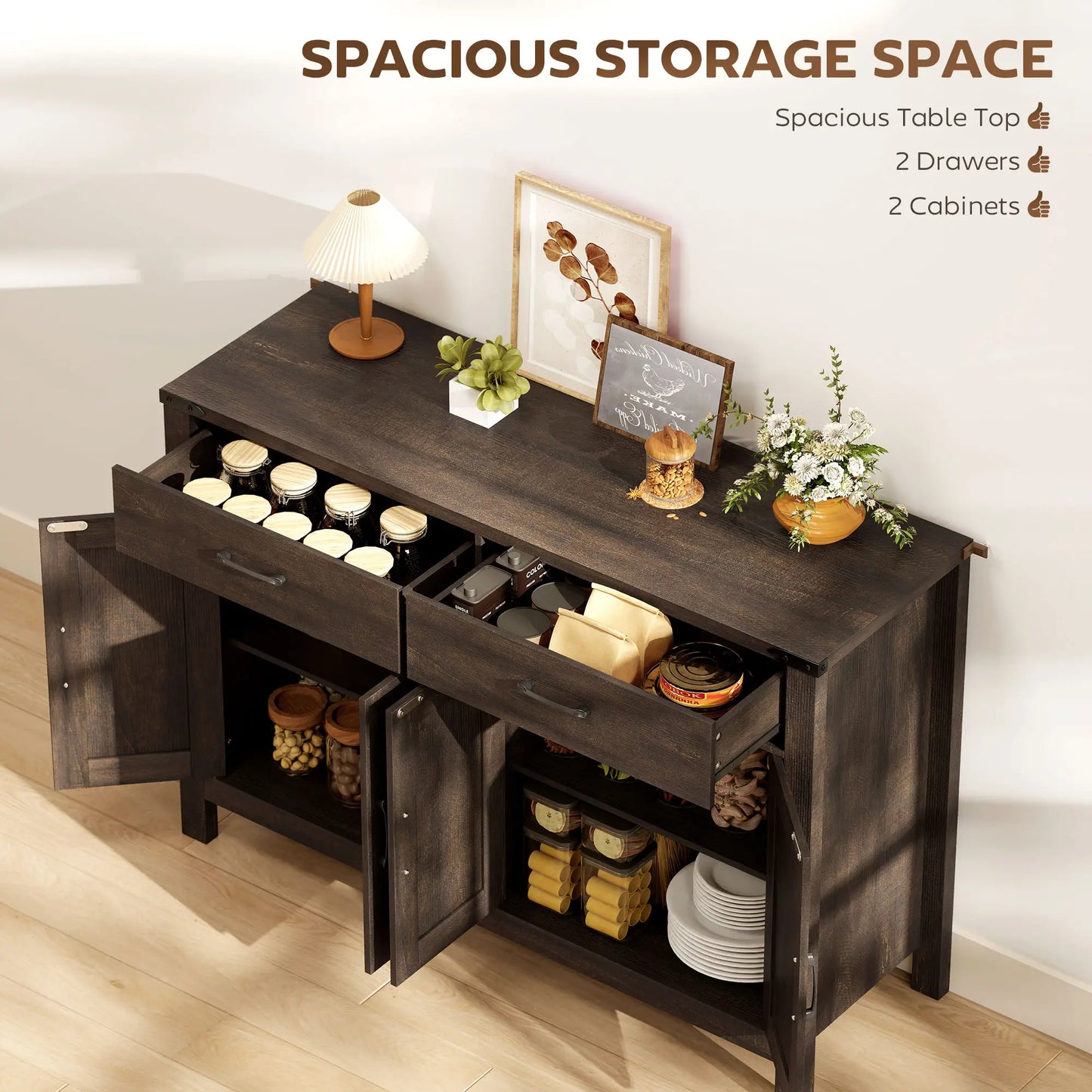 Sideboard Buffet Cabinet, Farmhouse Kitchen Storage, 2 Drawers and Shelves Storage Cabinets at Gallery Canada