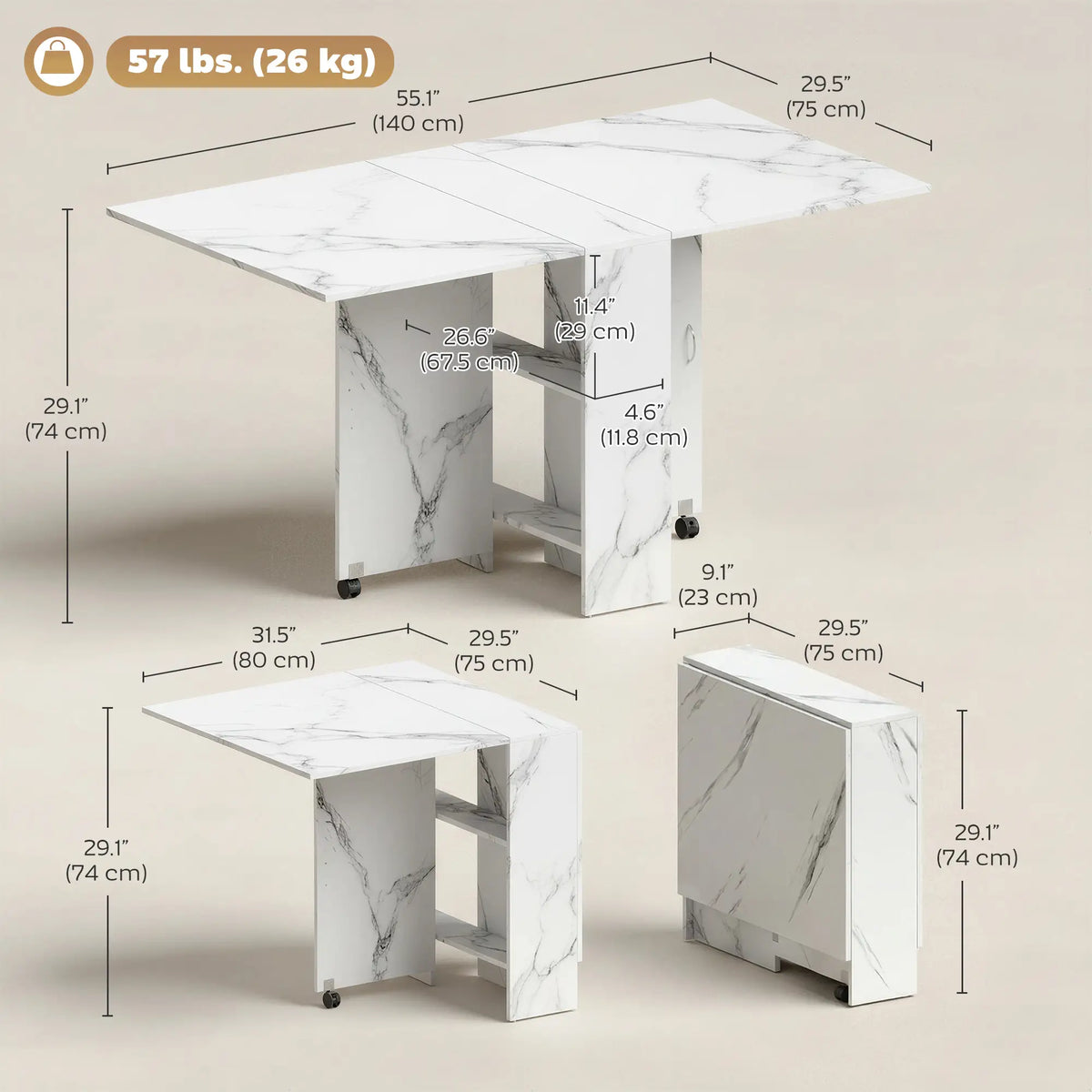Extendable Dining Table, Marble White, Collapsible With Shelves, White Dining Tables at Gallery Canada