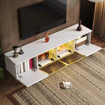 TV Stand, 4 Doors, Handles, Tempered Glass, LED Light, 67" L x 14.5" W x 18.5" H, White+Gold TV Stands at Gallery Canada