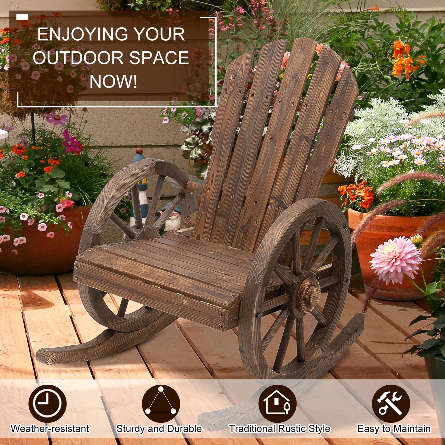 Wooden Rocking Chair, Outdoor Rocker with Slatted Design, Wheel Armrests, Carbonized Outdoor Rocking Chairs at Gallery Canada