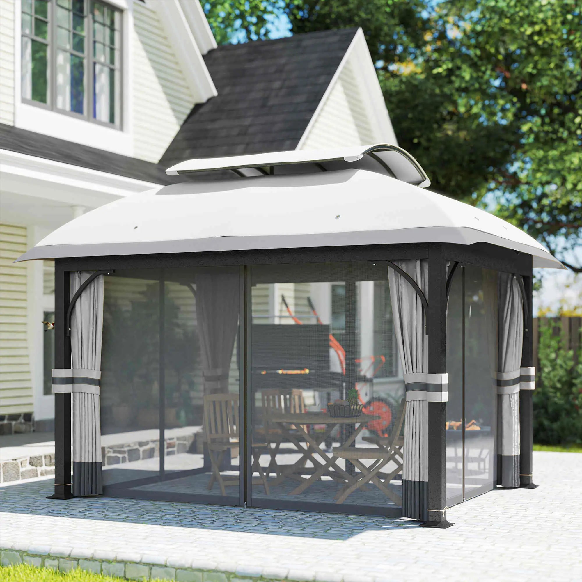 11' x 13' Patio Gazebo, Double Roof Canopy with Netting, Light Grey Gazebos at Gallery Canada