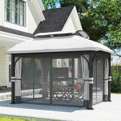 11' x 13' Patio Gazebo, Double Roof Canopy with Netting, Light Grey Gazebos at Gallery Canada