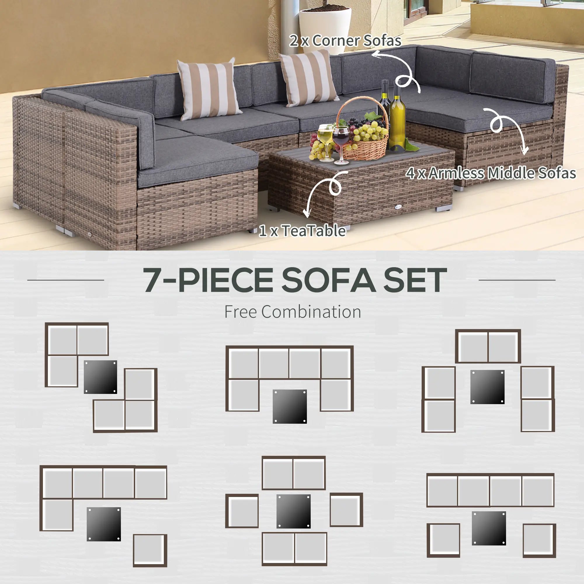 7-Piece Outdoor Wicker Patio Set, All Weather PE Rattan Sofa, Grey Patio Furniture Sets at Gallery Canada