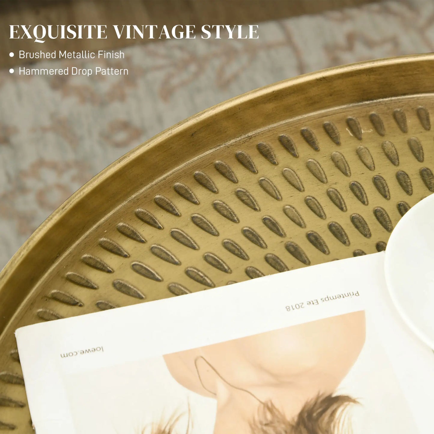 Vintage Coffee Table for Living Room, 24" Round Center Table with Hammered Tray Top and Metal Frame, Gold Coffee Tables at Gallery Canada