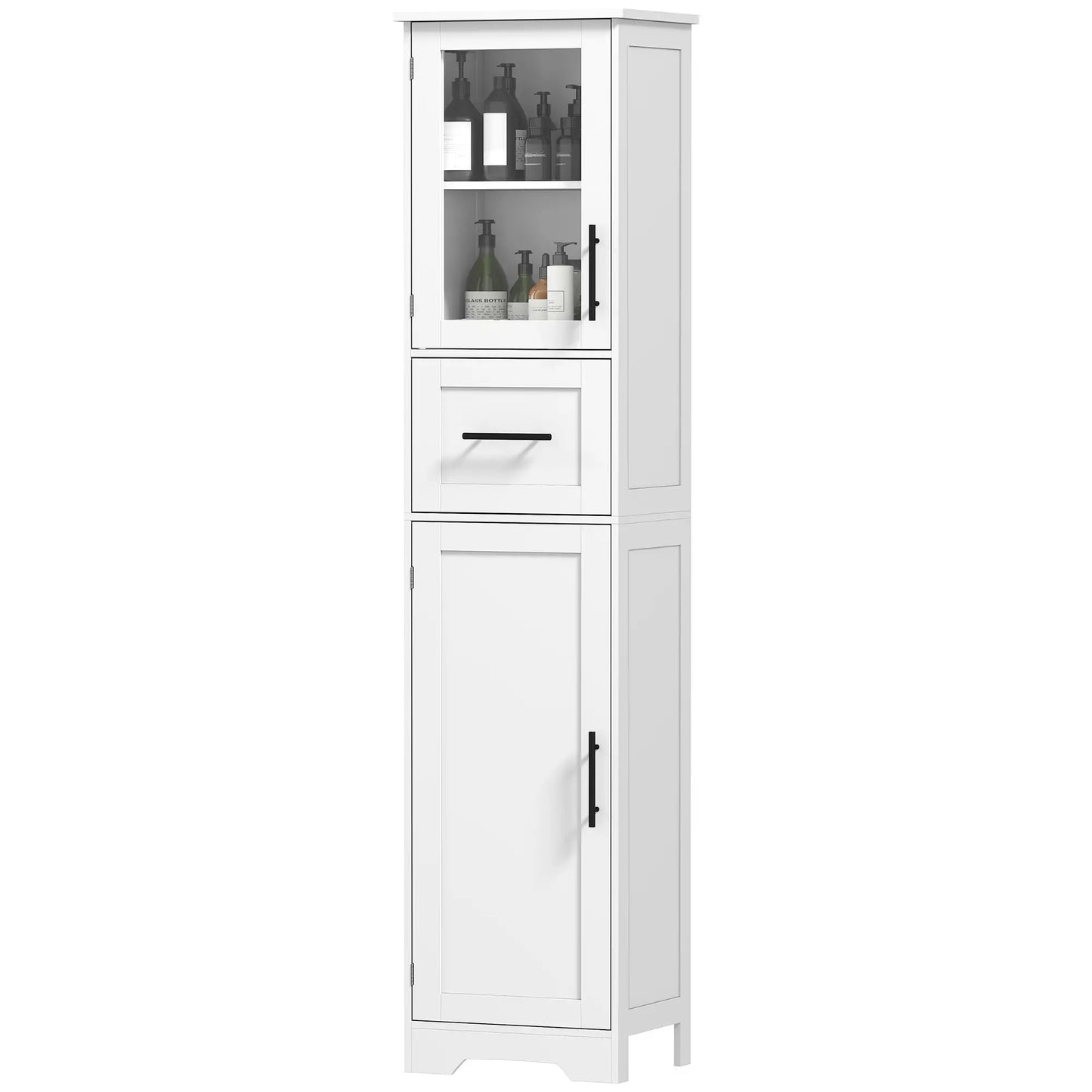 67" Tall Bathroom Storage Cabinet, Adjustable Shelves, Glass Door, Drawer Freestanding Bathroom Cabinets White, Black at Gallery Canada