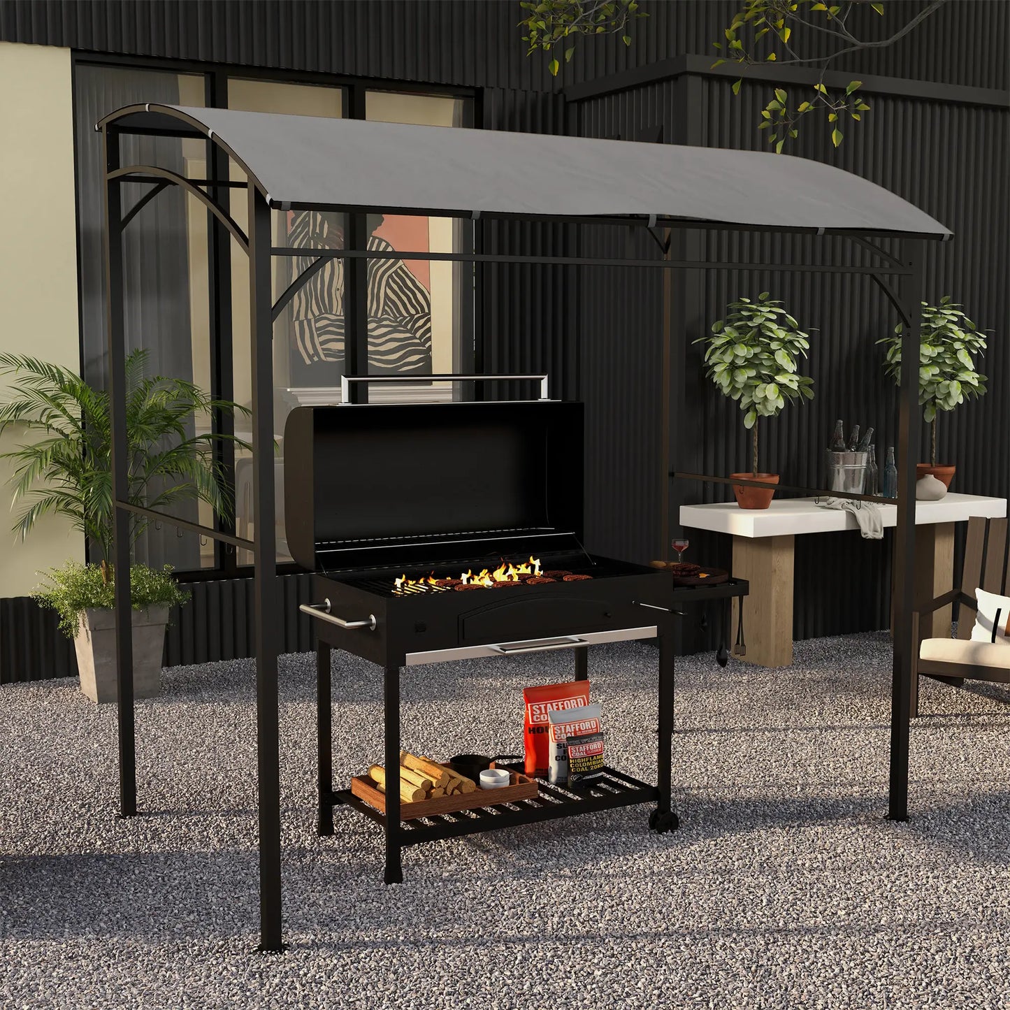 7' x 5' Garden Grill Canopy, BBQ Gazebo Tent, Steel Frame, Grey Gazebos at Gallery Canada