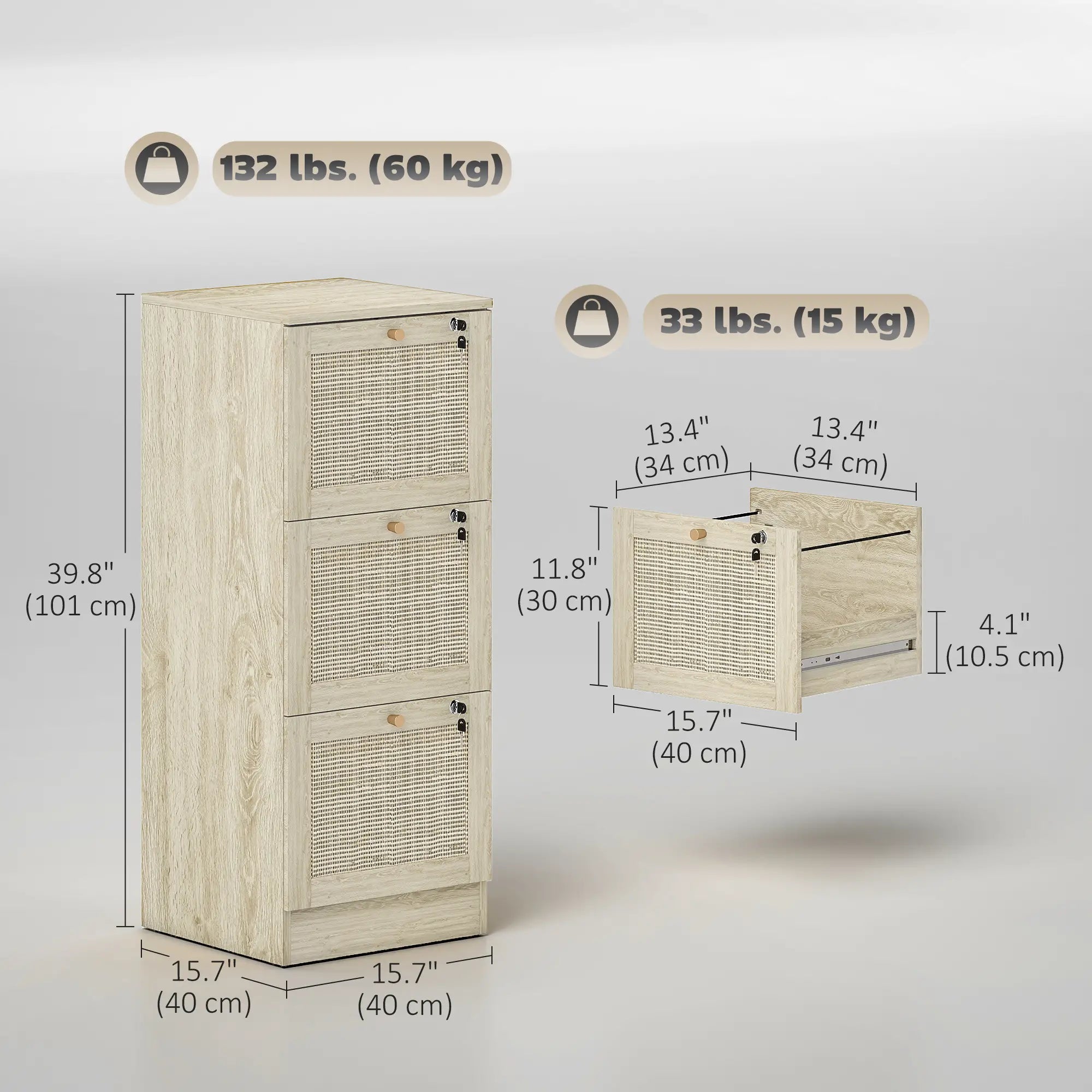3 Drawer Filing Cabinet with Lock, Boho File Cabinet, A4 Letter Size, Oak Office Cabinets & Cupboards at Gallery Canada